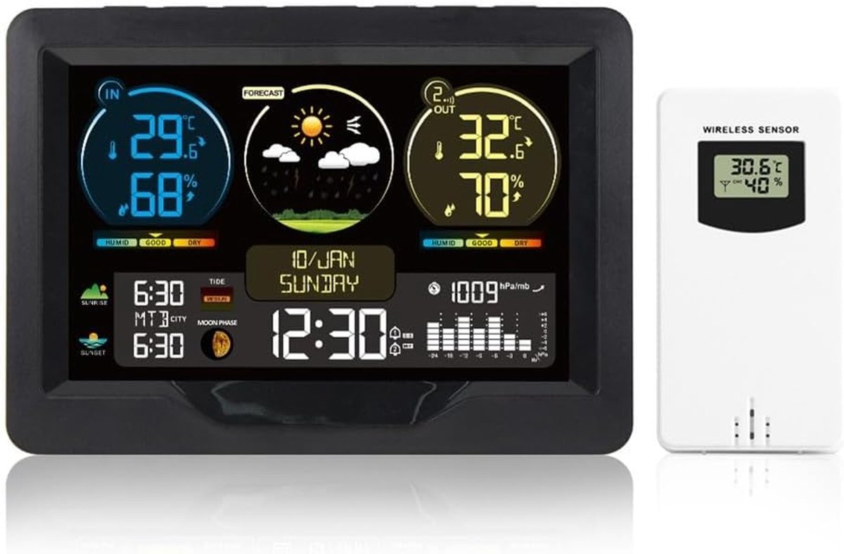 Digitaal Weerstation - Weerklok - Weer Monitoren - Kleur LCD Scherm - 17 x 12 x 6 cm - Zwart