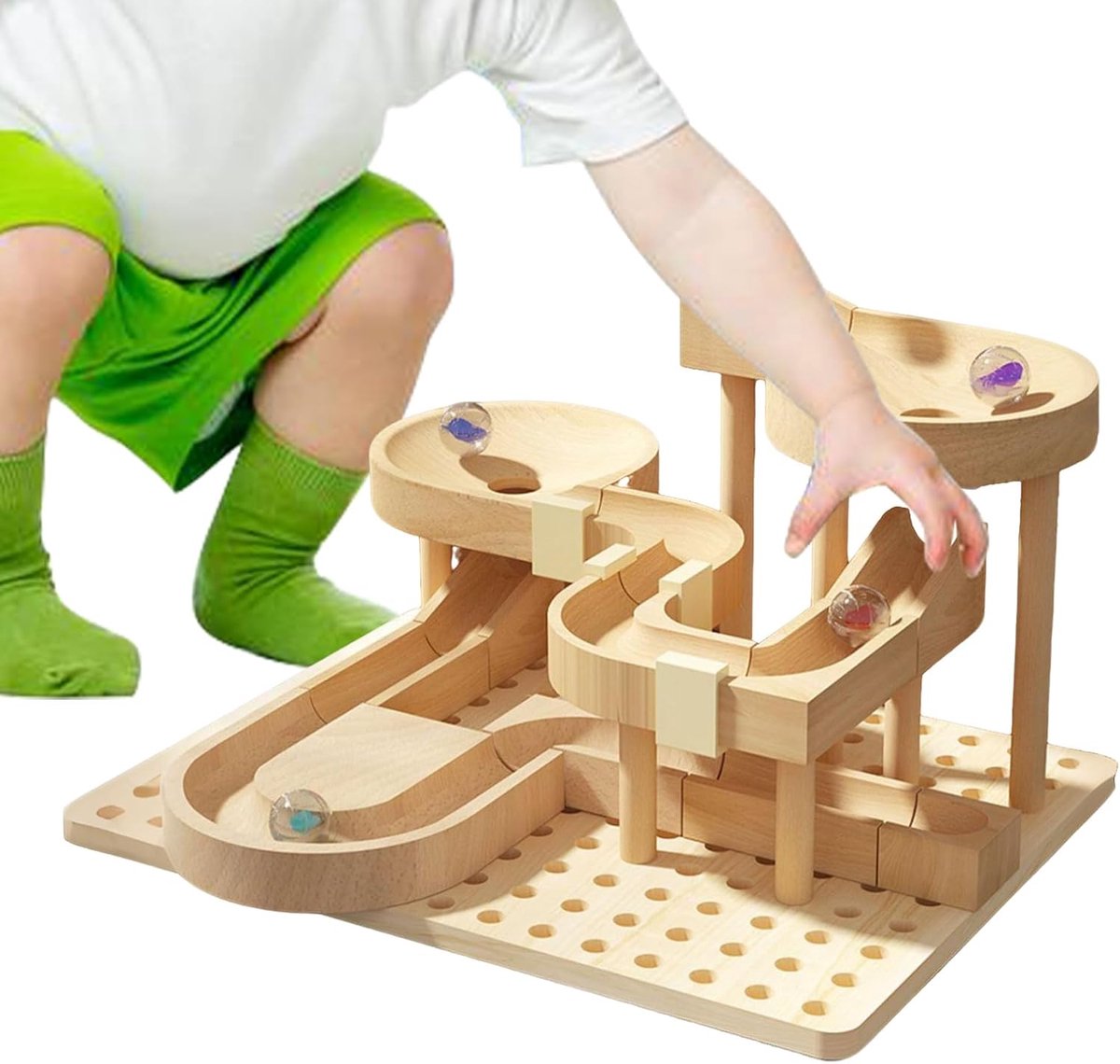 Houten Knikkerbaan - Bouwspel Educatief - Creatief Spelen - Uitbreidbaar Tracksysteem - 30 x 30 x 10 cm - Houtkleur
