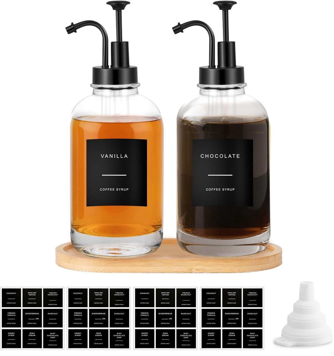 Dailygoods- Siroopdispenser set 2 stuks - Glazen fles 500 ml - Sirooppomp - Dienblad - Trechter - 36 etiketten - Siroopfles