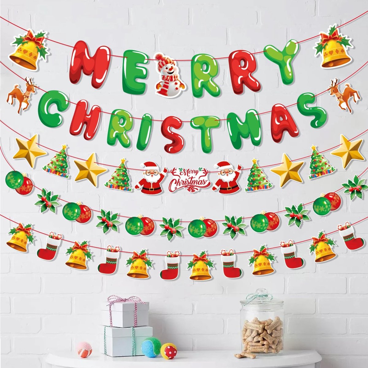 Dailygoods- Kerstslinger 4 Stuks - Rode/Groene Decoratie - Kerstbanner - Papieren Hangers - Feestelijke Sfeer - Klassieke Motieven - Kerstdecoratie