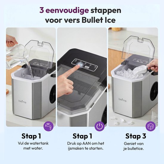 LOEFME RVS Ijsblokjesmachine - Ijsblokjesmaker met IJsschep & IJsmand - 1,2L - 12kg/24u - 6 min - Zelfreinigingsfunctie - Draaghandgreep - Zilver — afbeelding 3
