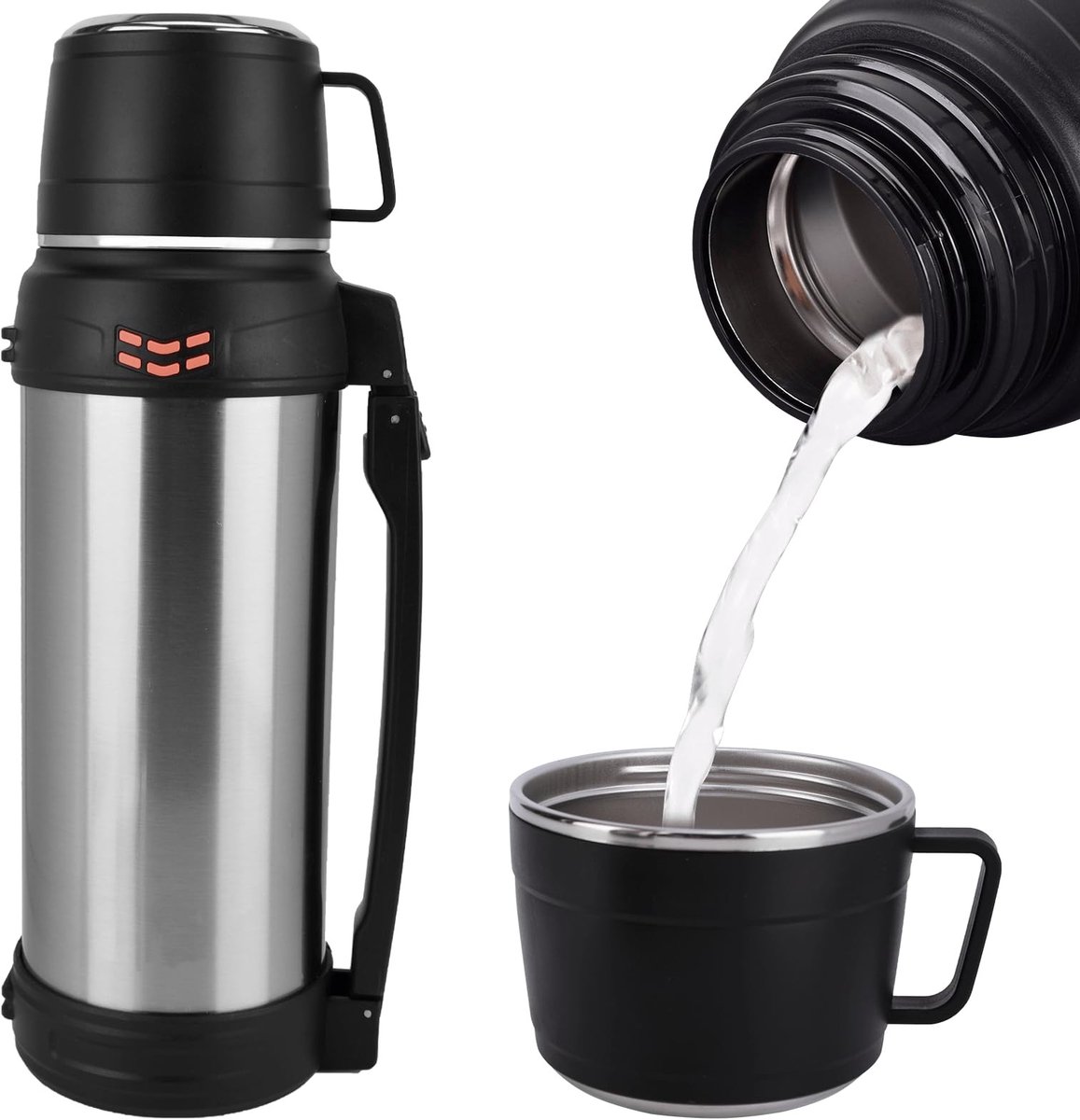 Dailygoods- Thermosfles 2 Liter - Roestvrij Stalen - Vacuüm Geïsoleerd - Lekvrij - Met Beker - Telecopisch Handvat voor Reizen - Reisfles