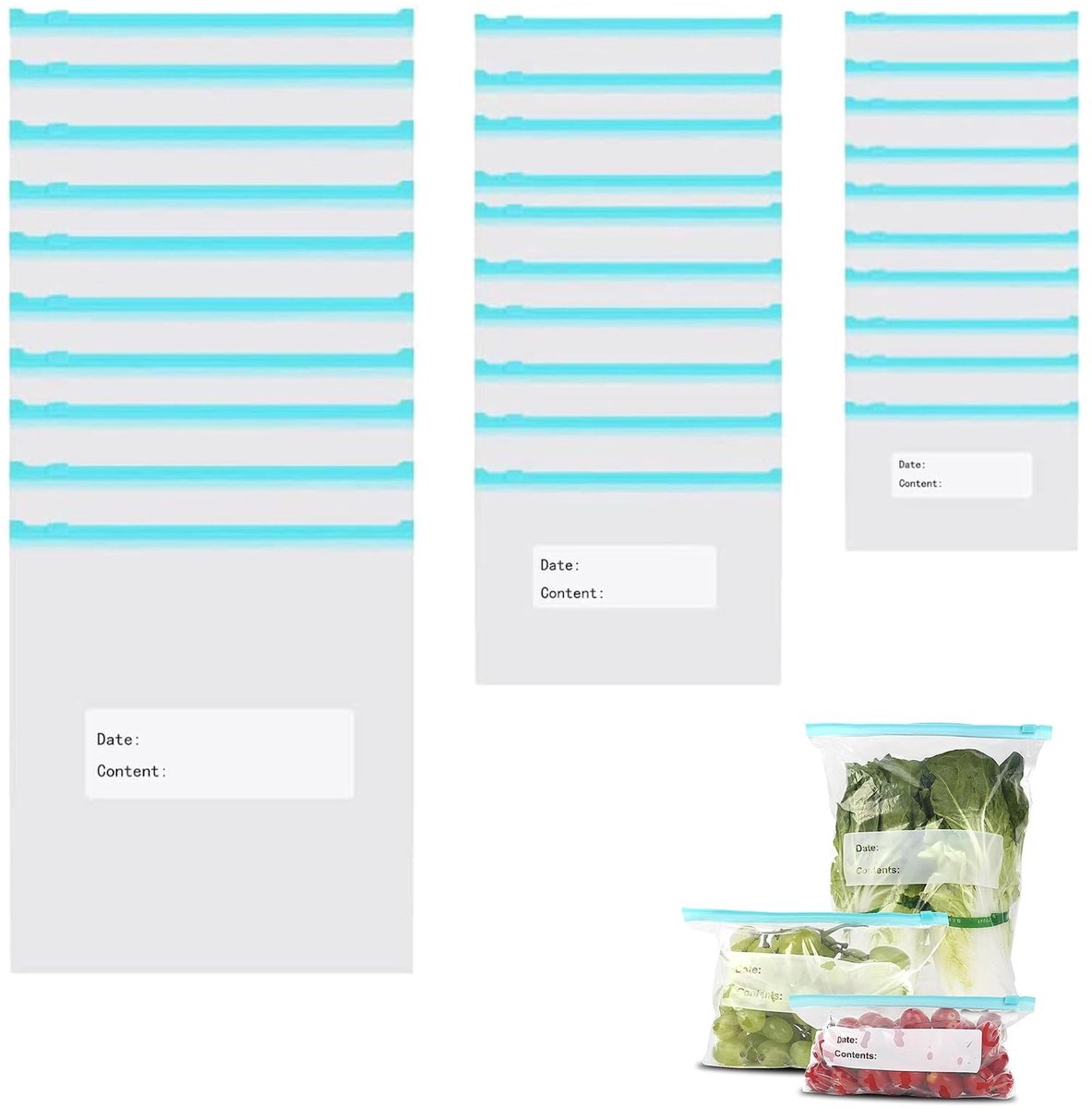 Dailygoods - herbruikbare diepvrieszakken ritsset 60 stuks - grote, middelgrote en kleine maten - ritszakken voor groenten, melk en meer - BPA-vrij - gemakkelijk schoon te maken - 100% lekvrij