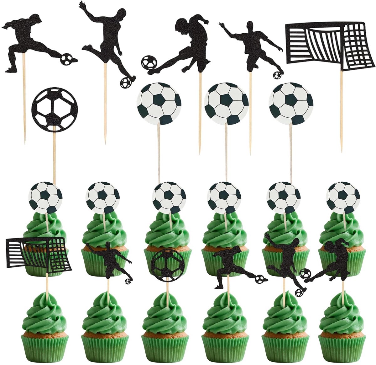 Dailygoods- Taartdecoratie Voetbal - 48 Stuks - Taarttopper/Cupcake-topper - Muffindecoratie - Feestdecoratie - Karton/Hout - Sportieve Touch - Cupcake-toppers