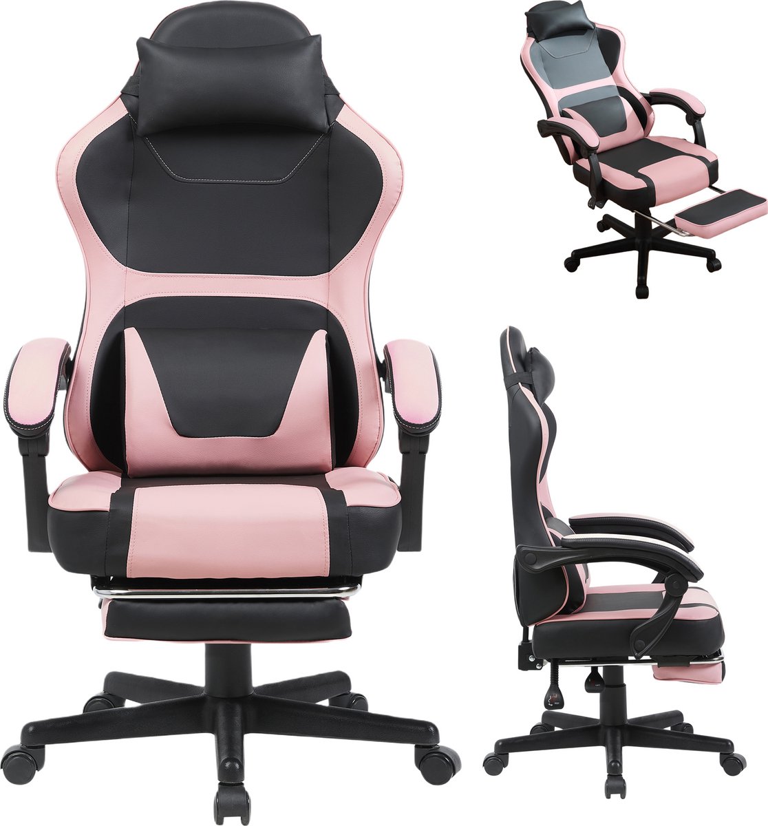 ROLIPO Gamingstoel - Uitschuifbare voetsteun - Lendenkussen - Kawaii design- KawaiiChair PinkBlack