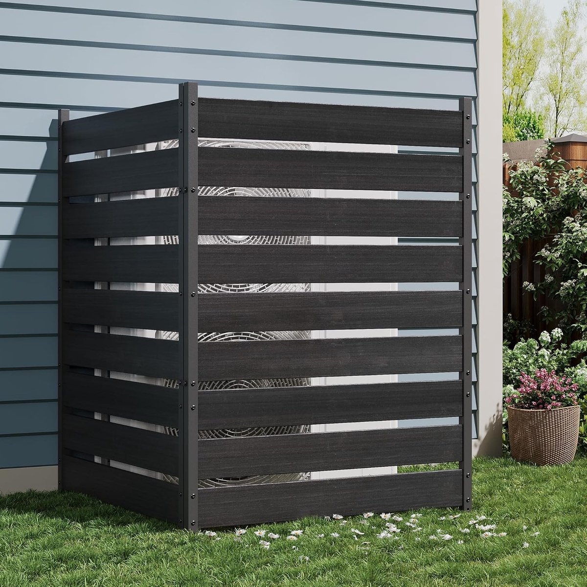 Cederhouten Privacyscherm - Container Ombouw & Airco Cover - Set van 2 Panelen - 125 x 250 cm - Teak & Zwart - Luxe Houten Tuinscherm voor Kliko's, Warmtepomp en Zwembadpomp