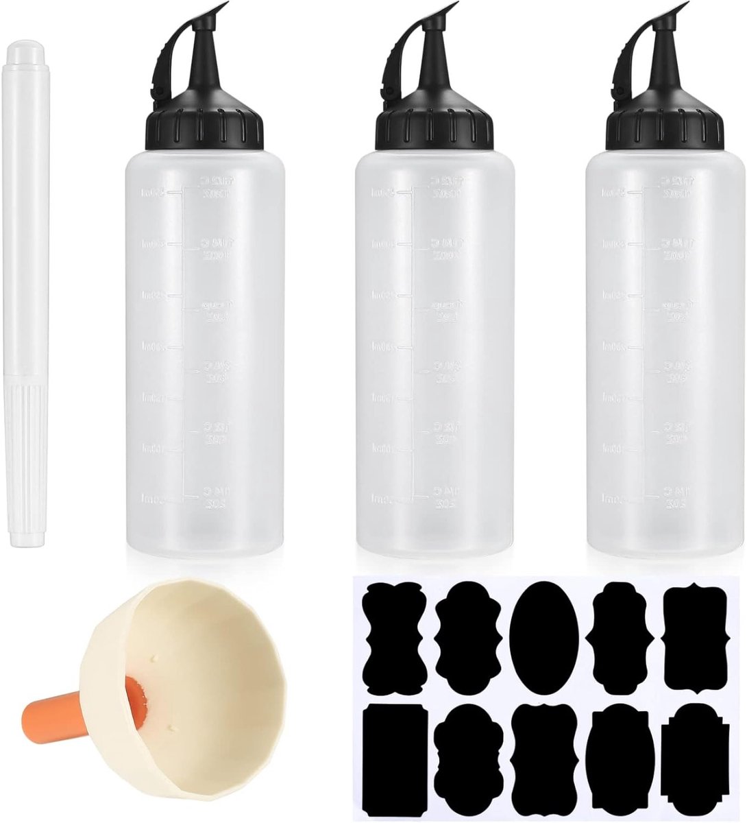 Set van 3 Plastic Knijpflesjes 350 ml voor Sauzen, Ketchup, Mosterd en Mayo met Etiketten en Trechter