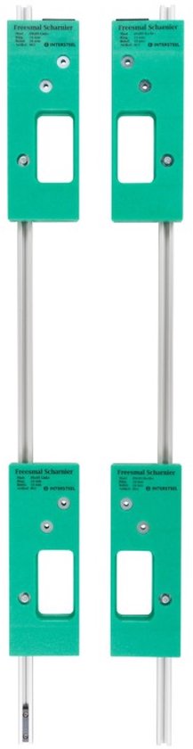 Vier groene Intersteel freesmal scharnierplaten met zilveren stangen.