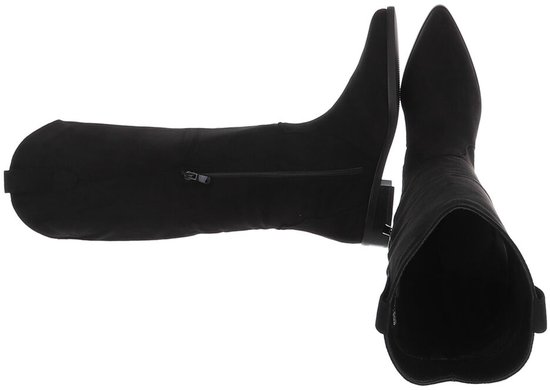 Bottes noires en suédine pour femme, dessus ouvert et côté zippé, talon bas.