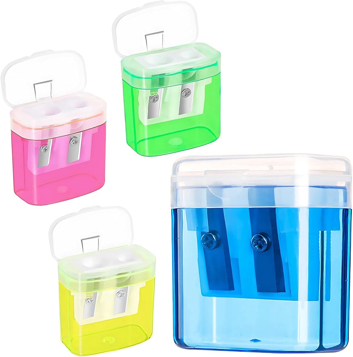 SnelShoppen - 4 Stuks Dubbele Potloodslijper met Houder, Kleurrijke Slijpers voor Dikke en Dunne Potloden, Geel, Groen, Blauw, Roze, Compact en Lichtg