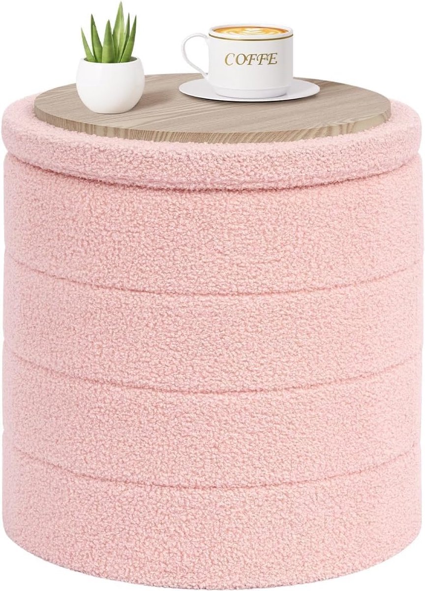 SnelShoppen - PINPLUS Vouwbare Opbergpoef 43x43x45cm, Zachte Pouf met Deksel als Bijzettafel voor Woonkamer en Slaapkamer, Roze, Multifunctioneel