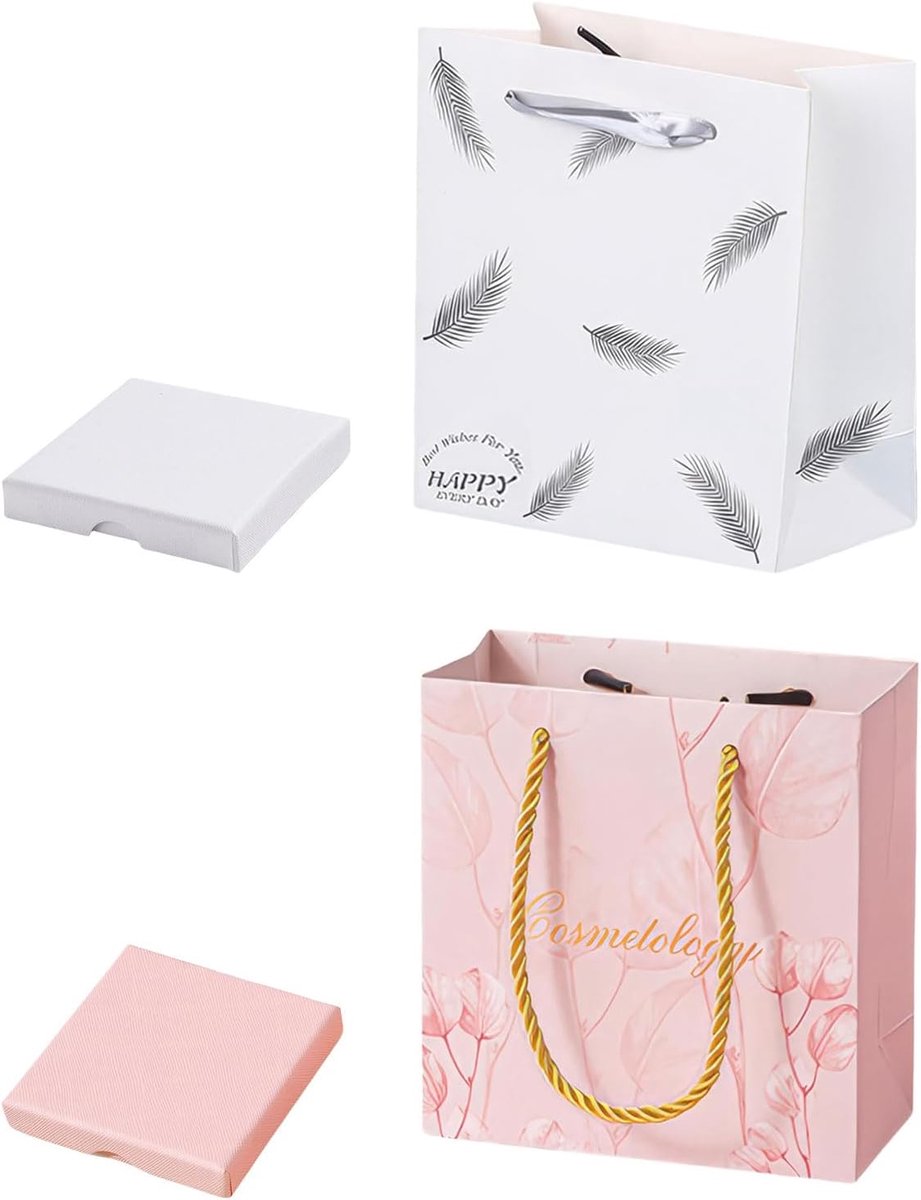 SnelShoppen - 2 Kleine Cadeauboxen + 2 Cadeautassen - Uitbreidbare Sieraadendoos voor Armbanden, Oorbellen, Kettingen - Roze en Wit - Perfect voor Fee