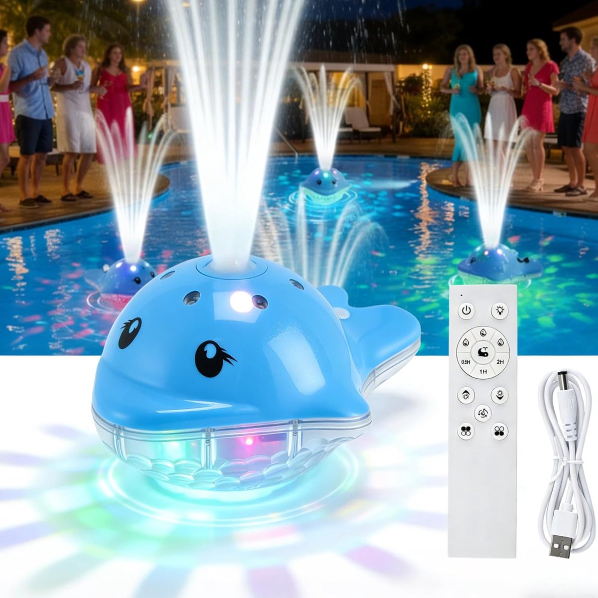 SnelShoppen - Drijvende Poollichten met Fontein, LED Onderwater Verlichting, Afstandsbediening, 24 Kleuren en 3 Spuitstanden, Oplaadbare Fontein voor
