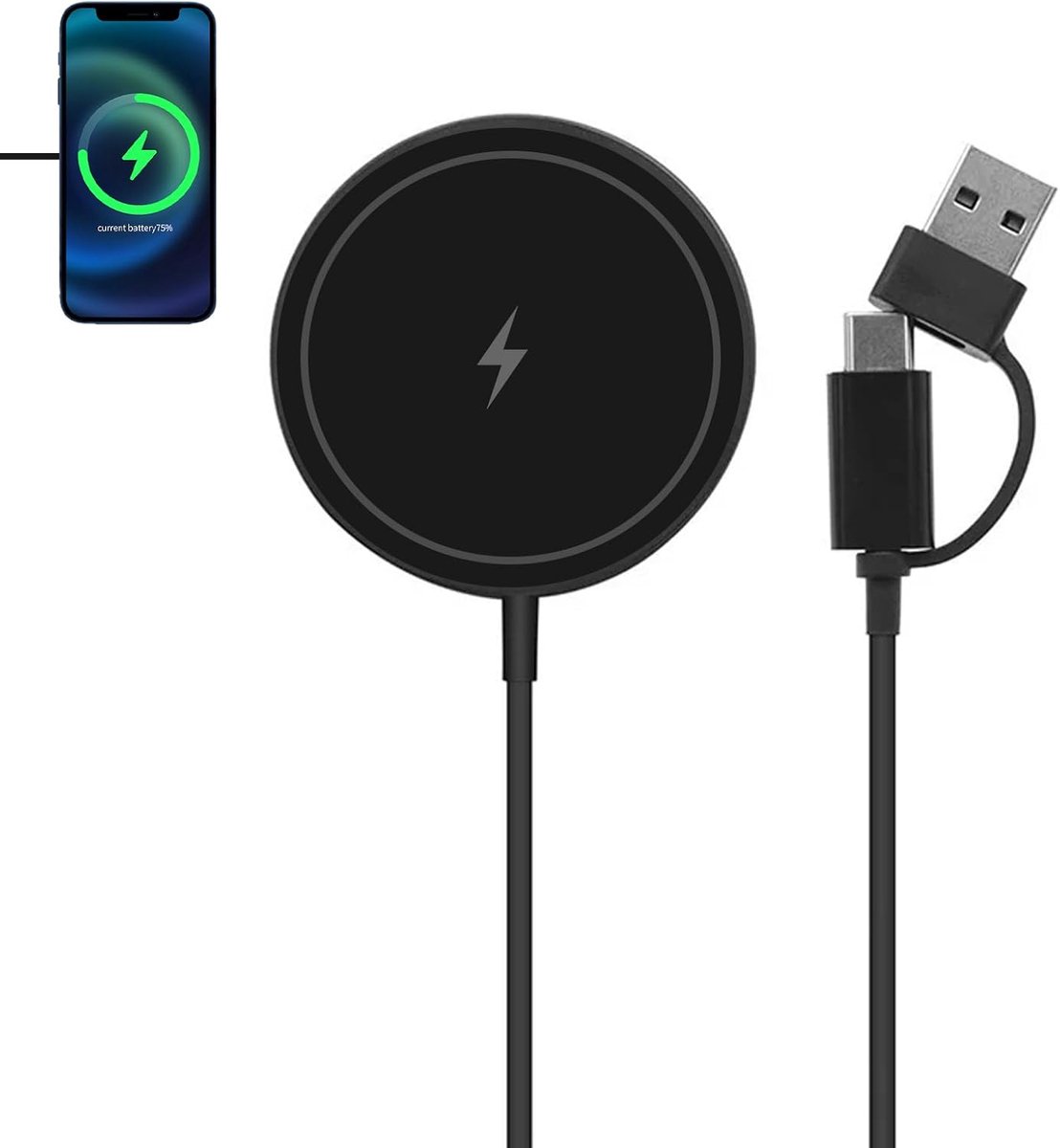 Thijox - Magnetische Draadloze Oplader 15W - 2-in-1 Oplader voor iPhone 12/13/14/15/16/17 en AirPods 2/3/4/Pro - Zwart, USB-A PD Poort, Snelladen voor