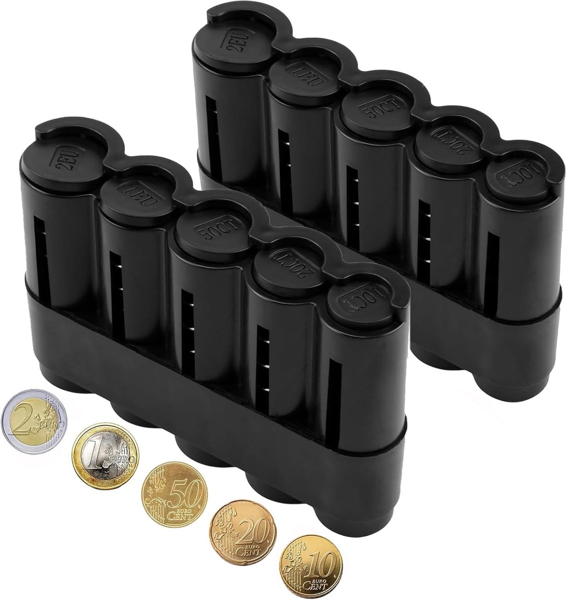 SnelShoppen - 2 Stuks Euro Muntencase met Spiegel, Draagbare Gelddoos met 7 Compartimenten voor Reizen, Zwart, 13 x 8.5 x 3.2 cm, Modern en Duurzaam