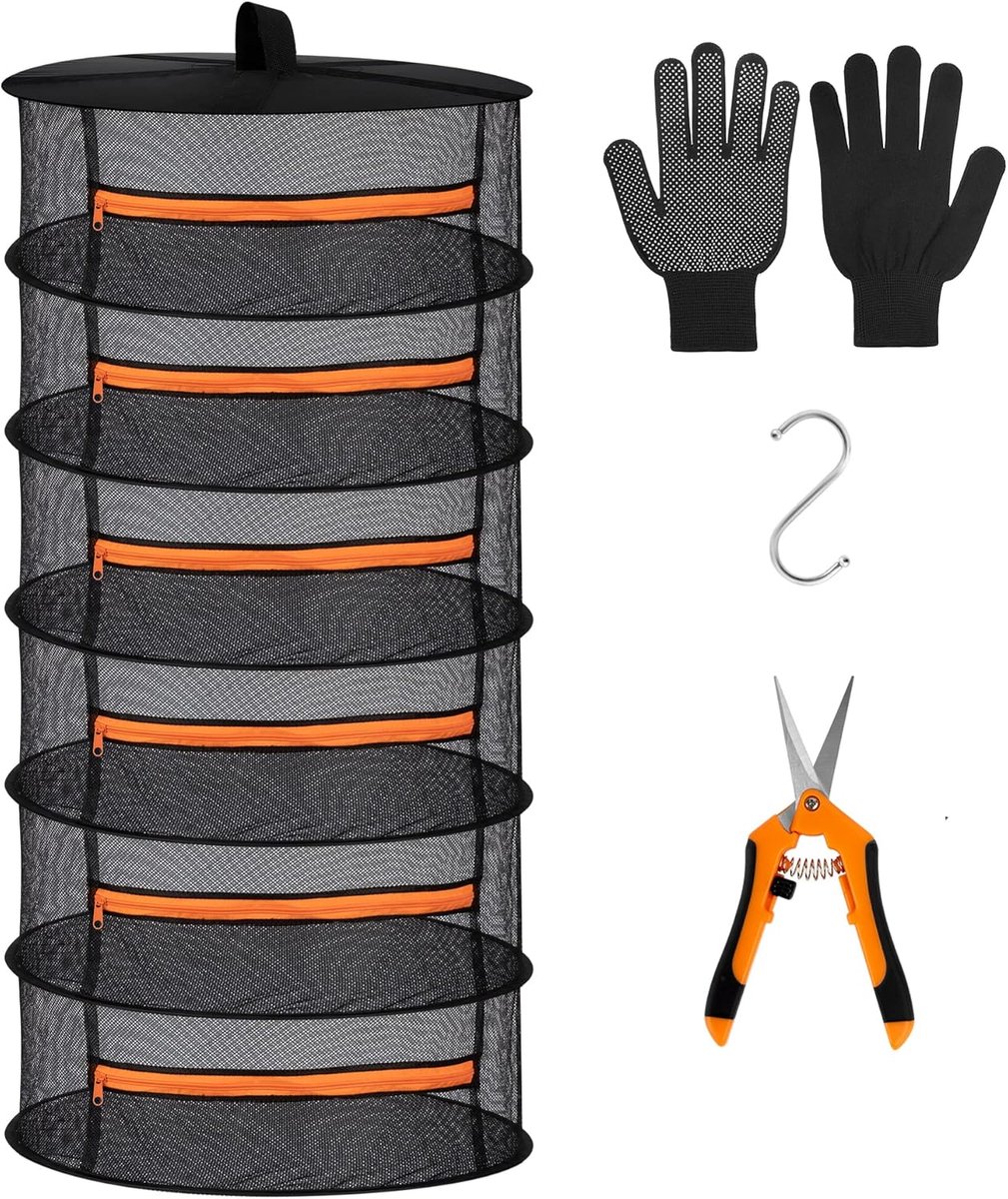 SnelShoppen - 6-Laags Vouwbare Mesh Kruiden Droger - Hangende Droognet met Oranje Ritsen voor Bloemen, Planten, Tuin en Buiten - Perfect voor Oogst