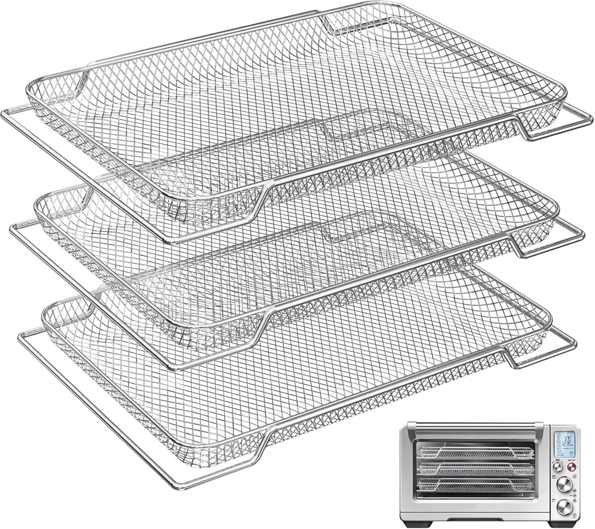 SnelShoppen 3-Laags Stapelbaar Air Fryer Rack RVS Frituurmand Rectangulaire Airfryer Bakplaat voor Breville Smart Ovens Grill Bak en Frituur