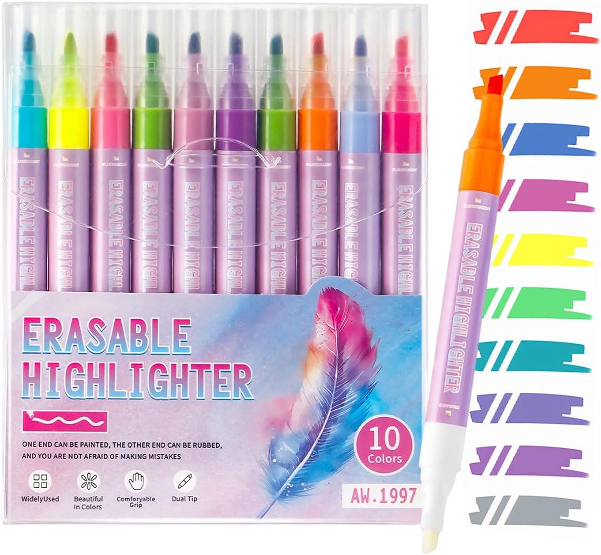 Thijox - 10 Stuks Uitwisbare Markeerstiften met Dubbele Kop, Beiteltip en Diverse Kleuren voor School, Kantoor, Notities, Dagboek en Bijbelplanner