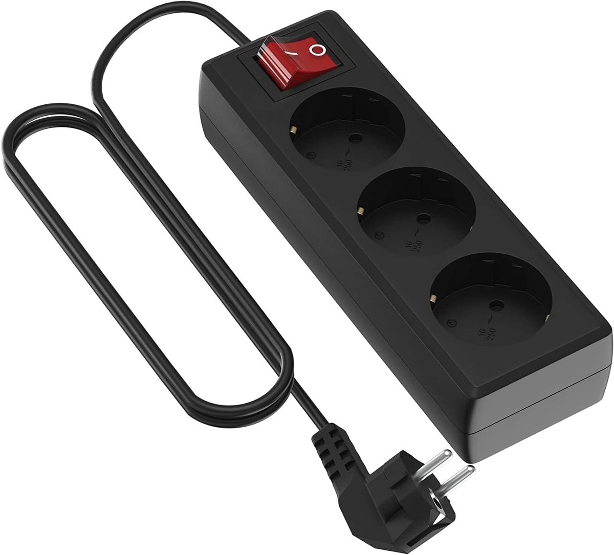 SnelShoppen - Power Extension Kabel met 3 Aardlekschakelaars, 1.5 mm x 3 m, Zwart, Voor Thuis, Tuin en Kinderen