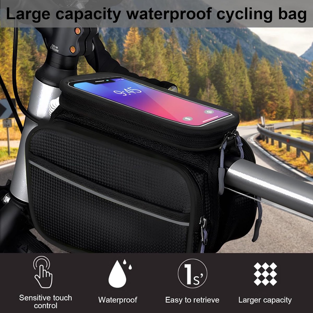 SnelShoppen - Waterproof Bicycle Bag Frame voor Mobiele Telefoon - Fiets Telefoonhouder Top Tube Bag met Aanraakscherm en Regenhoes voor Racefietsen e