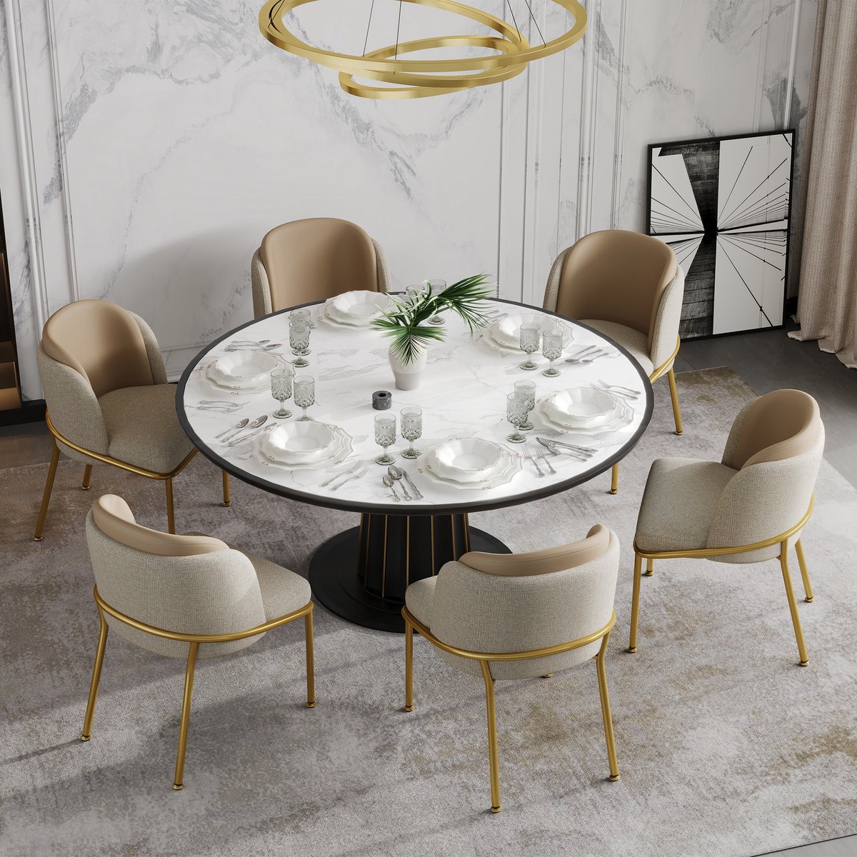 MODENUIT Eetkamerstoel 55 x 55 x 85 cm - Set Van 6 Met Armleuning En Verstelbare Voeten - Eetkamer En Kantoor - Kunstleer Metaal - Beige Khaki