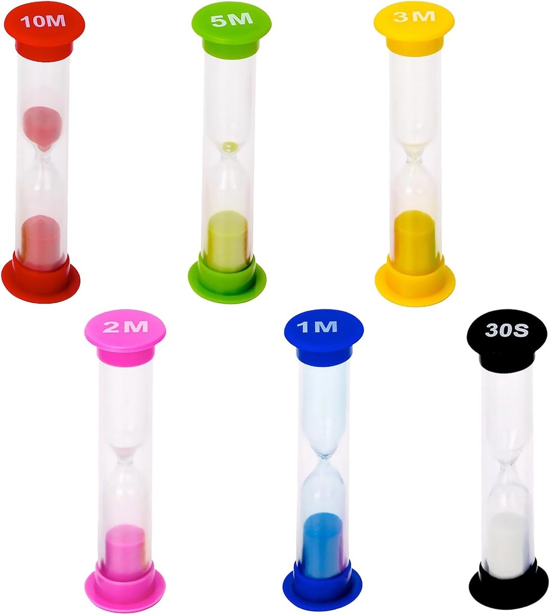SnelShoppen - 6 Pcs Kids Sand Glasses - Kleurrijke Zandlopers 30 sec/1 min/2 min/3 min/5 min/10 min - Duurzaam Acryl en Glas - Perfect voor Kinderen,