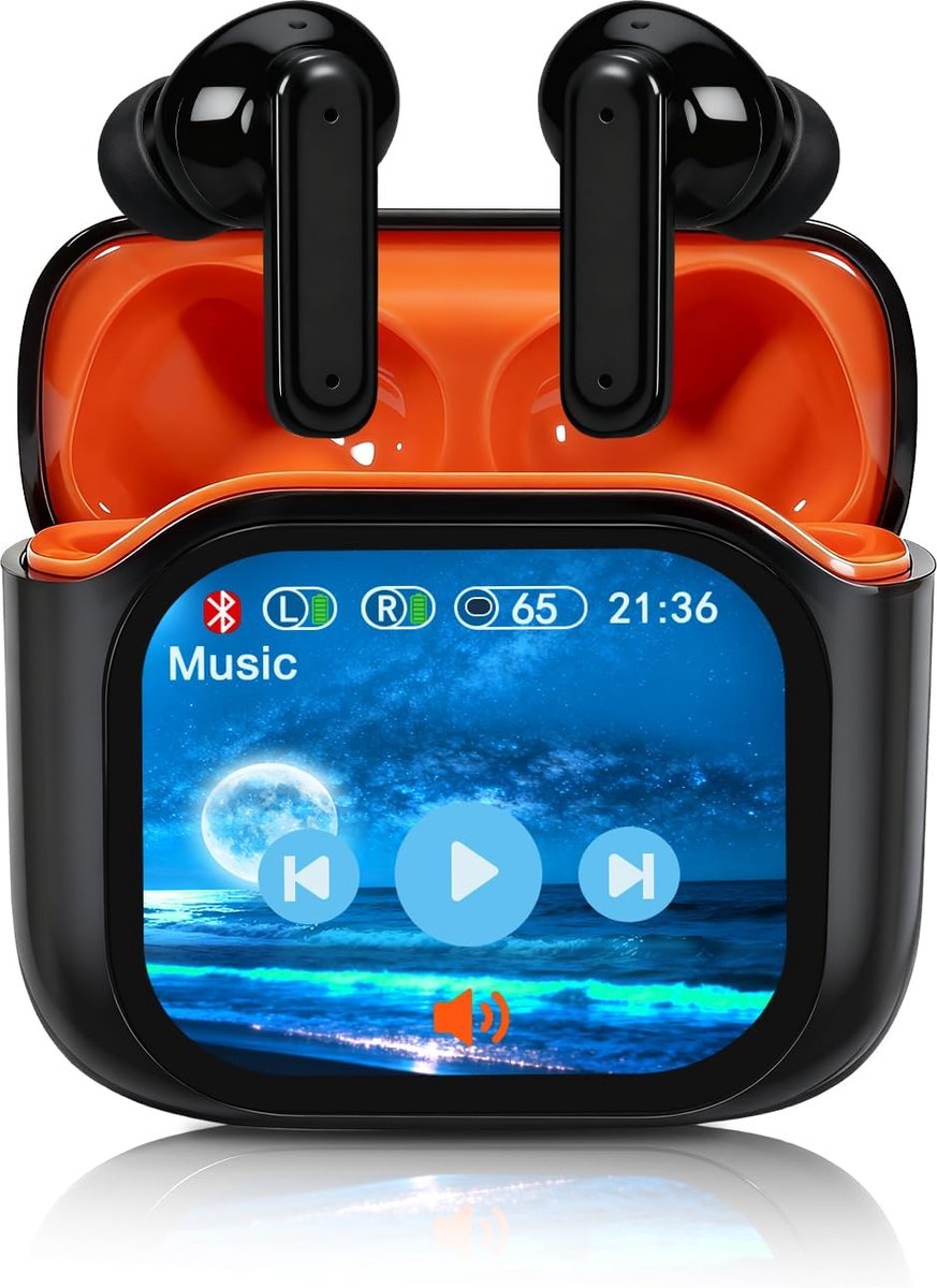 SnelShoppen - Draadloze ANC In-Ear Hoofdtelefoon met Touchscreen, Bluetooth 5.4, Ruisonderdrukking, Hifi Stereo, Zwart/Oranje