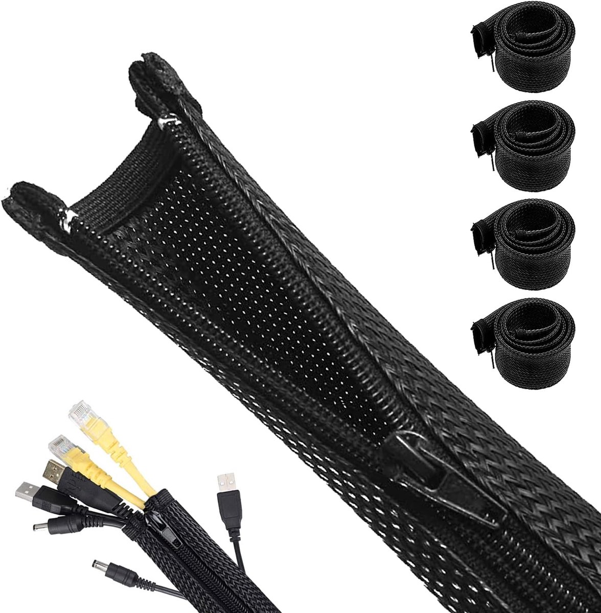 SnelShoppen - 4x 1.5m Zwarte Kabelgoot met Rits - Flexibele Kabelbeheer - Vlamvertragend PET - Kabelorganizer voor PC en Elektronica - Kabelbeschermin