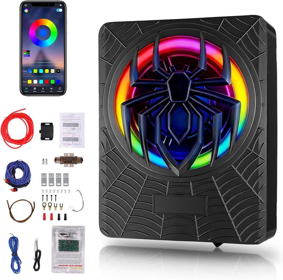 SnelShoppen - 10 inch 1200W Slim Onderstoel Subwoofer met LED Ambient Licht - Actieve Auto Subwoofer en Onderstoel Versterker - Perfect voor Auto, Fee