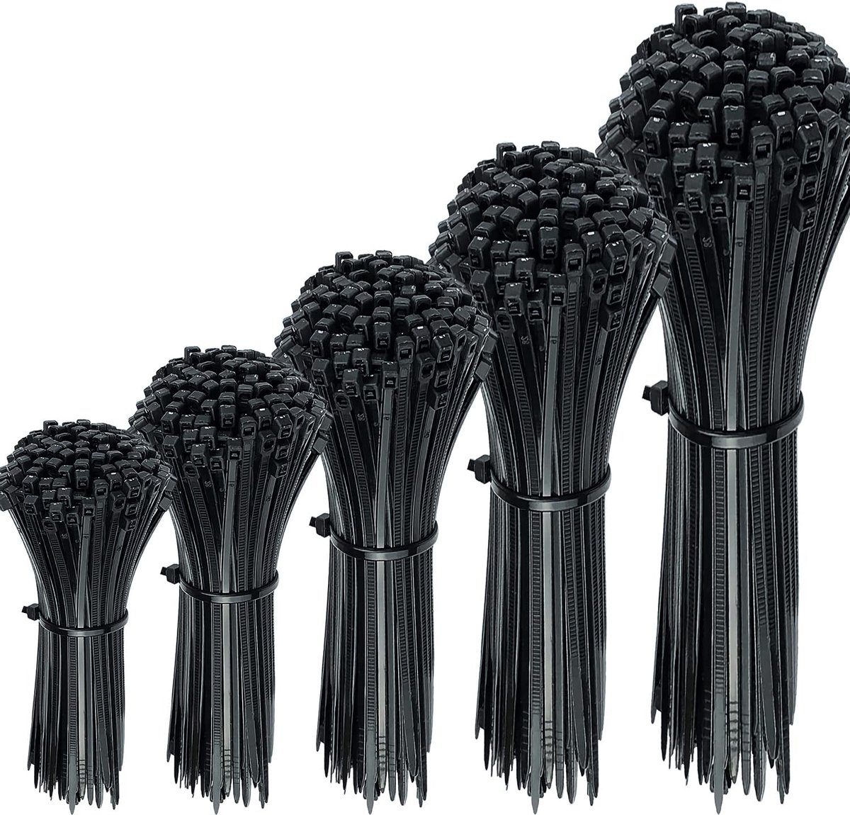 SnelShoppen - 300 Stuks Zwarte Kabelbinders Assorted Sizes 100/150/200/250/300mm - Heavy Duty Nylon Tie Wraps - UV-bestendig voor DIY, Kabelbeheer, Ka