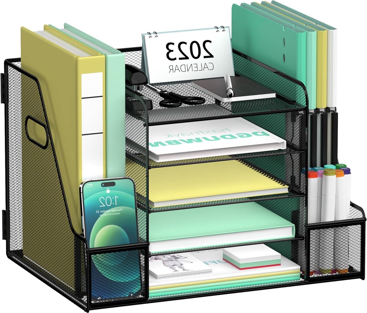 Praktische Mesh Bureau Organizer met Documenthouder, 5-laags Papieren Briefbak en Tijdschriftenhouder voor Kantoorbenodigdheden, Thuis of School, Zwart