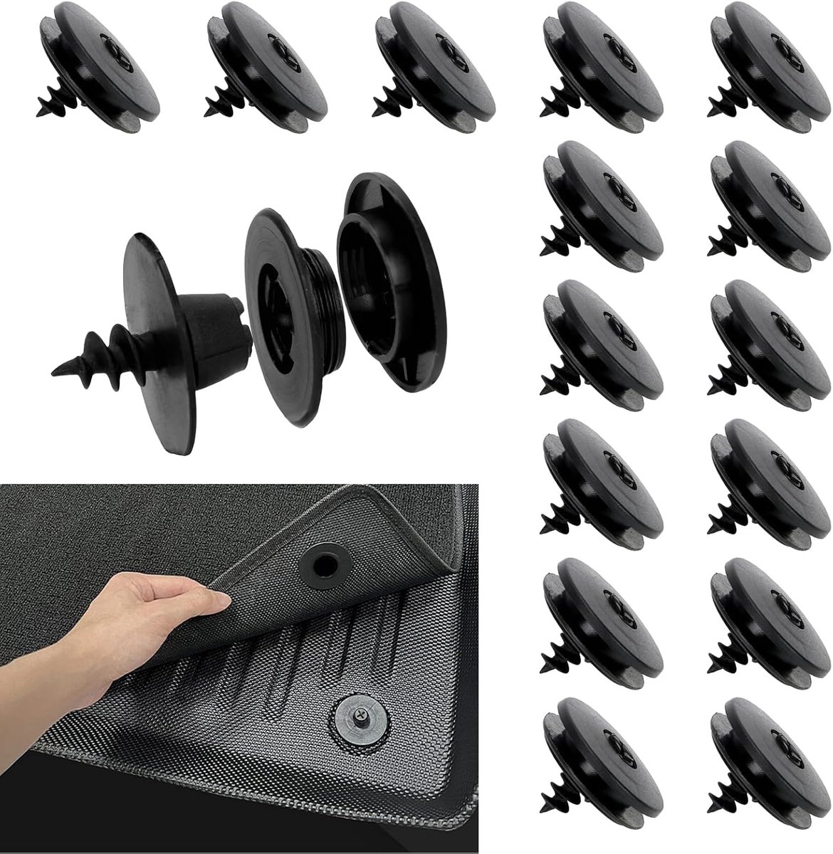 SnelShoppen - 15 Universele Auto Mat Clips - 3-in-1 Bevestigingsclips voor Vloermatten, Kunststof, Perfect voor Alle Auto's, Zorgt voor Veiligheid en