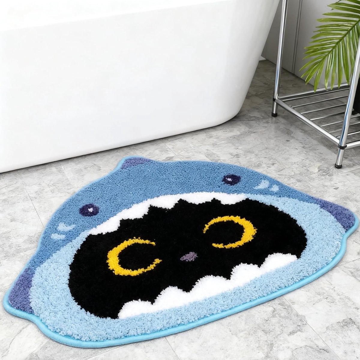 Schattige Haai Badmat, Zwarte Kat Badmat, Absorberend en Antislip, Geschikt voor Badkamer, Woonkamer en Slaapkamer, Wasbaar en Duurzaam (60 x 50 cm)