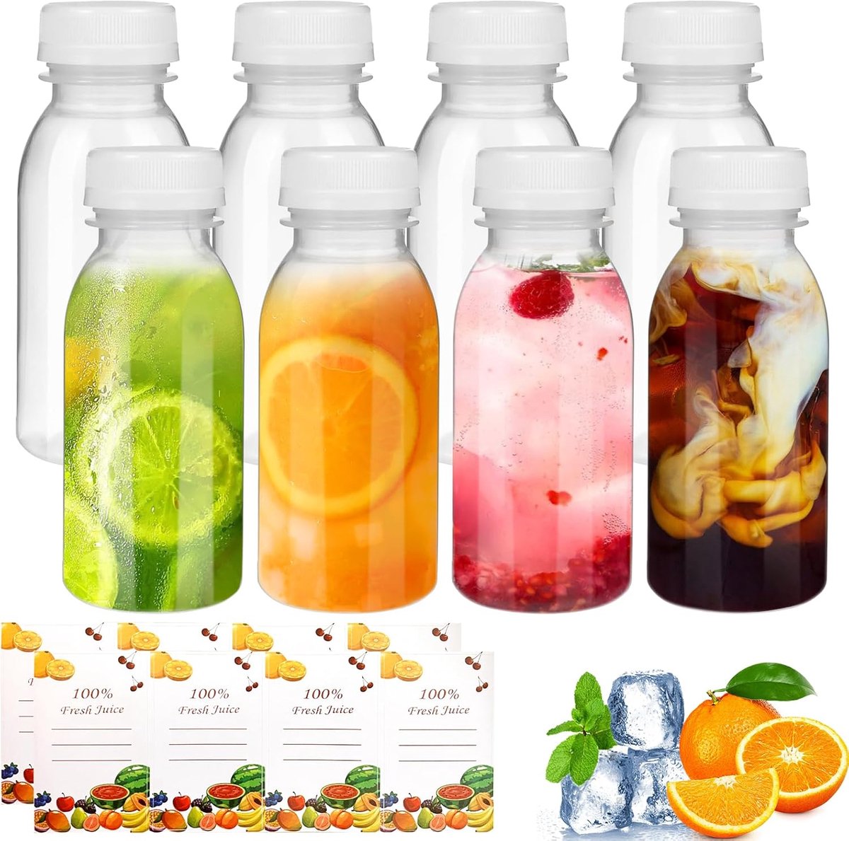 SnelShoppen - 200ml Herbruikbare Lege Flessen - 8 Stuks Plastic Sapflessen met Deksels - Transparante Melkflesjes met 2 Fruitstickers - Ideaal voor Dr