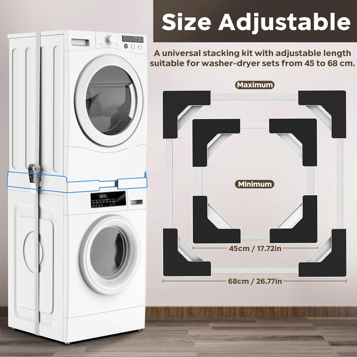SnelShoppen - Universele stapelset voor wasmachine en droger, diepteverstelling 45-68 cm, witte ratelkoord + 8 antislip pads, TÜV-gecertificeerde veil