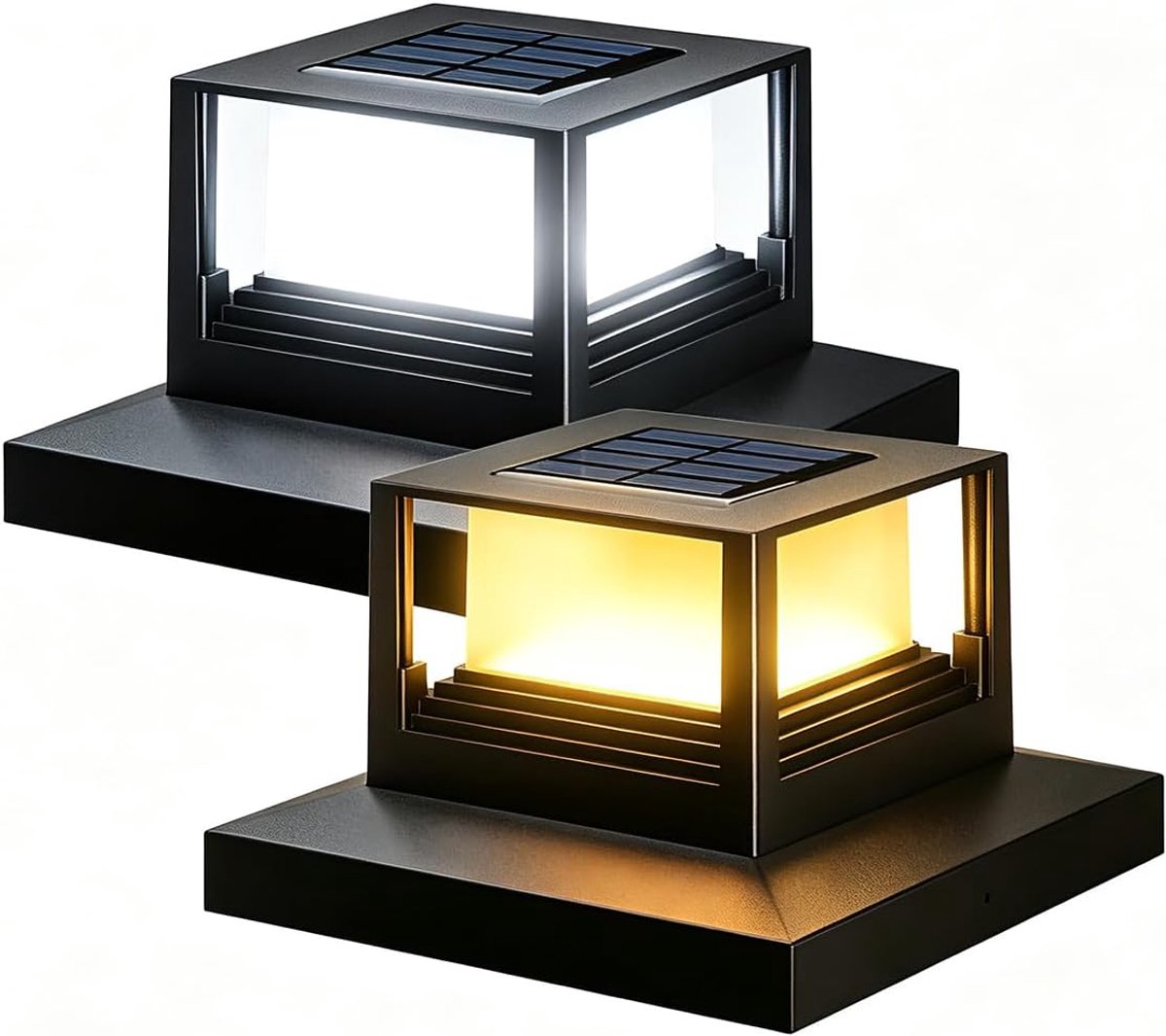 SnelShoppen - 2Pcs Solar LED Tuinverlichting Buiten Post Lamp met 2 Modi Warm Wit/Koel, Waterdichte Solar Lampen voor Tuin Patio Hek 4x4 5x5 6x6 Houte