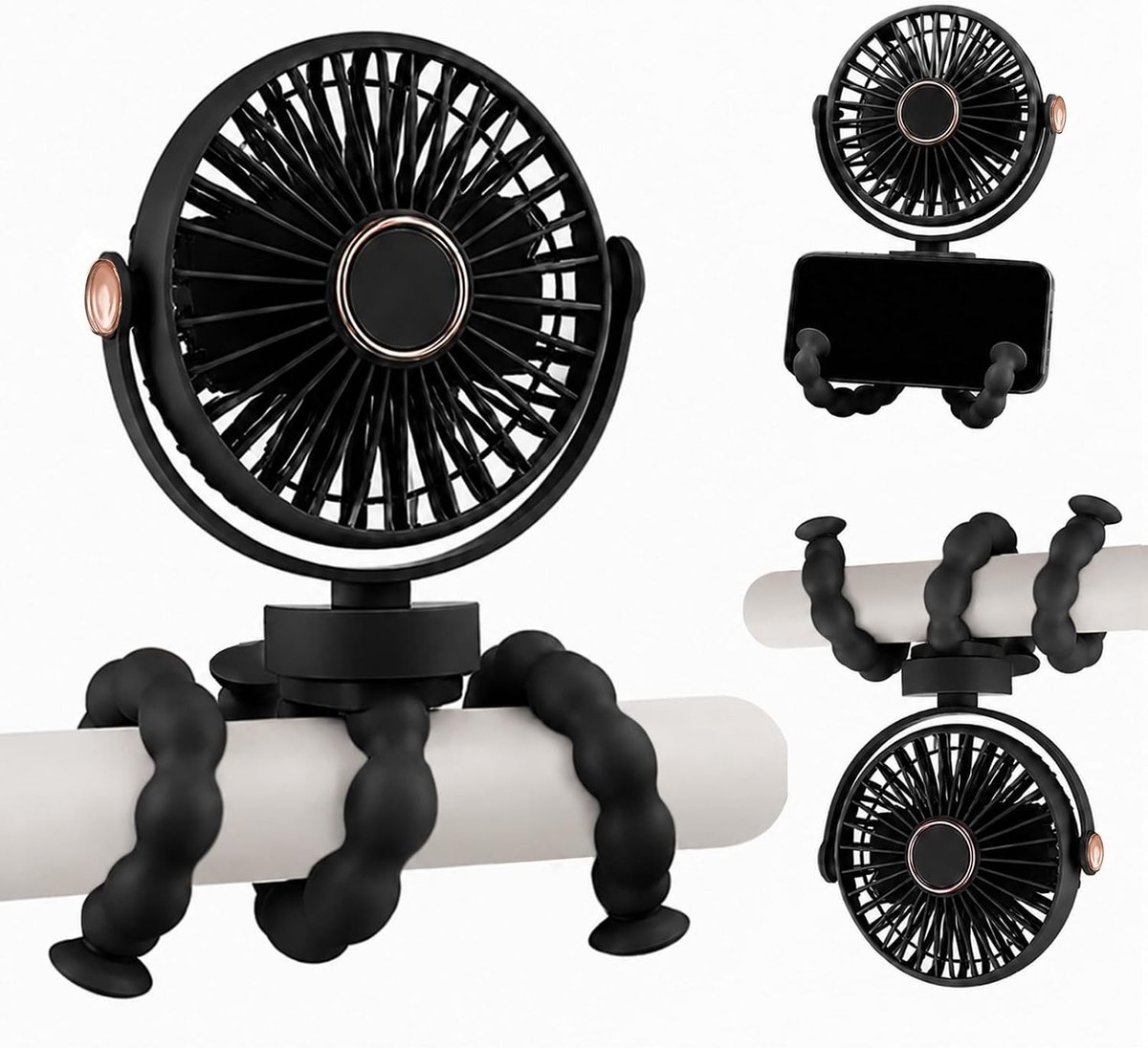 SnelShoppen - Draagbare Ventilator voor Kinderwagen - 360 Graden Rotatie - 3 Snelheden - USB Statiefventilator - Stil en Multifunctioneel voor Camping