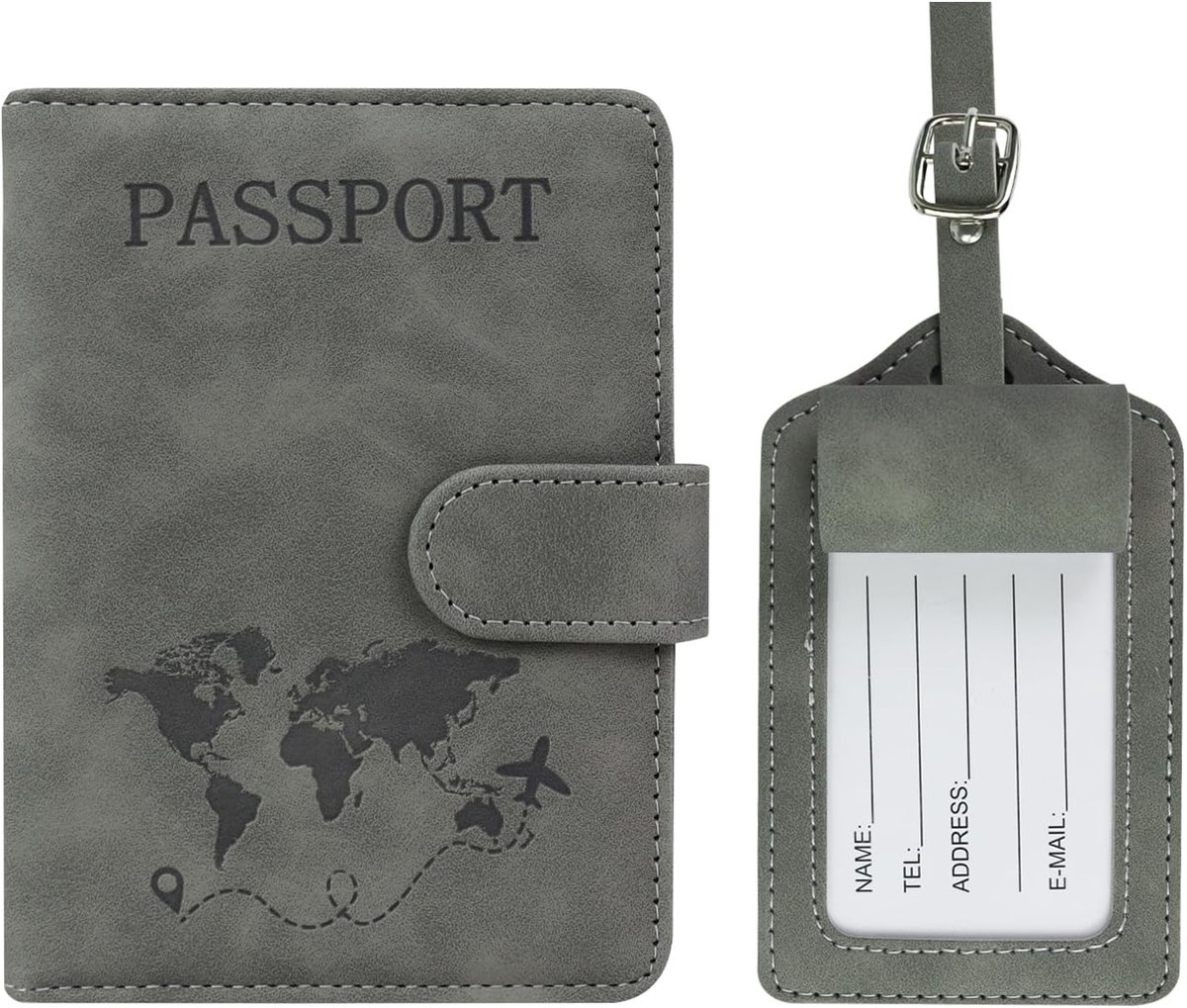 SnelShoppen - Passport Case & Kofferlabel Set, Faux Leather, ID Kaart Houder met RFID Bescherming, Meerdere Slots, Paspoort Cover, Visitekaarten, Cred