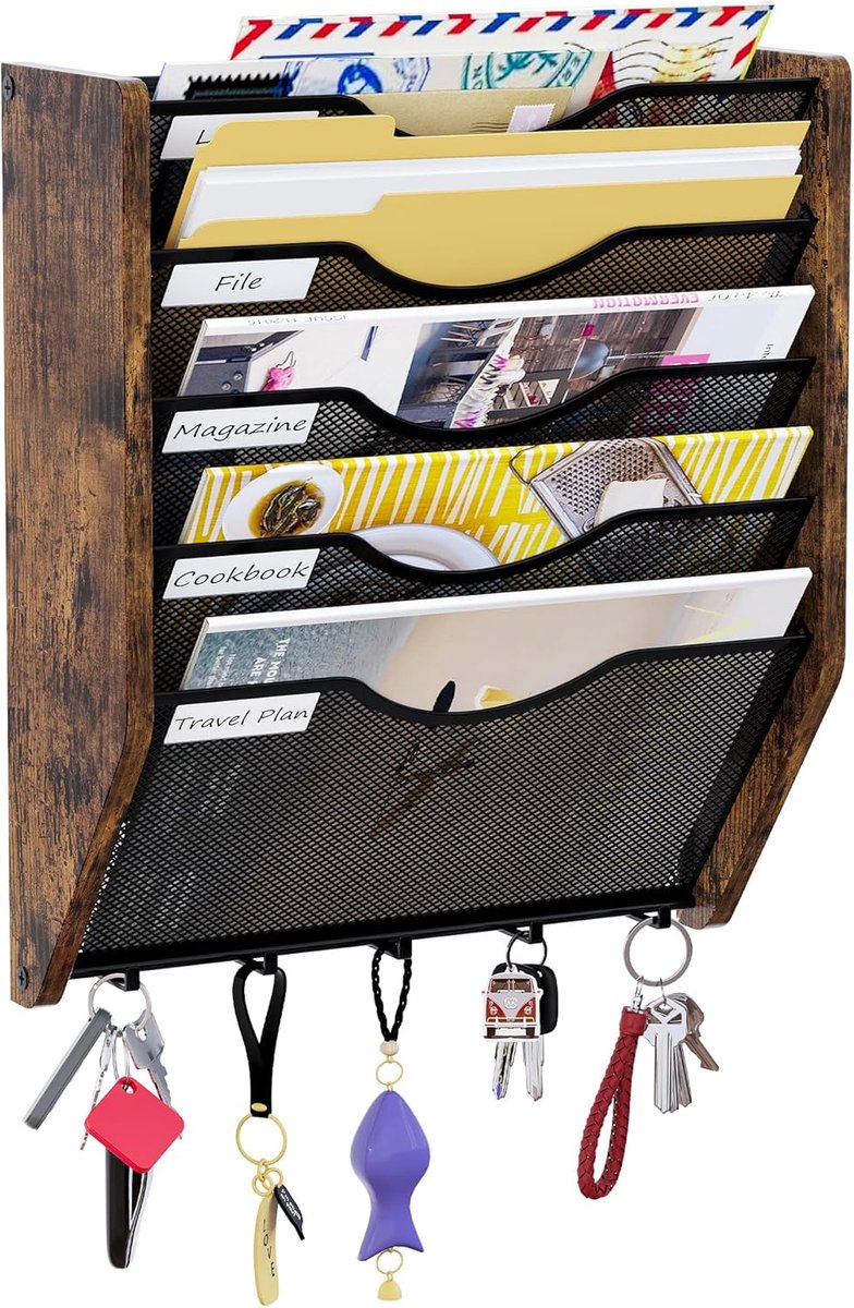 SnelShoppen - Wand File Organizer met Haken, 5 Laags Mesh Documentenhouder, Wandgemonteerd Tijdschriftenhouder voor Documenten, Mails, Enveloppen, Sti