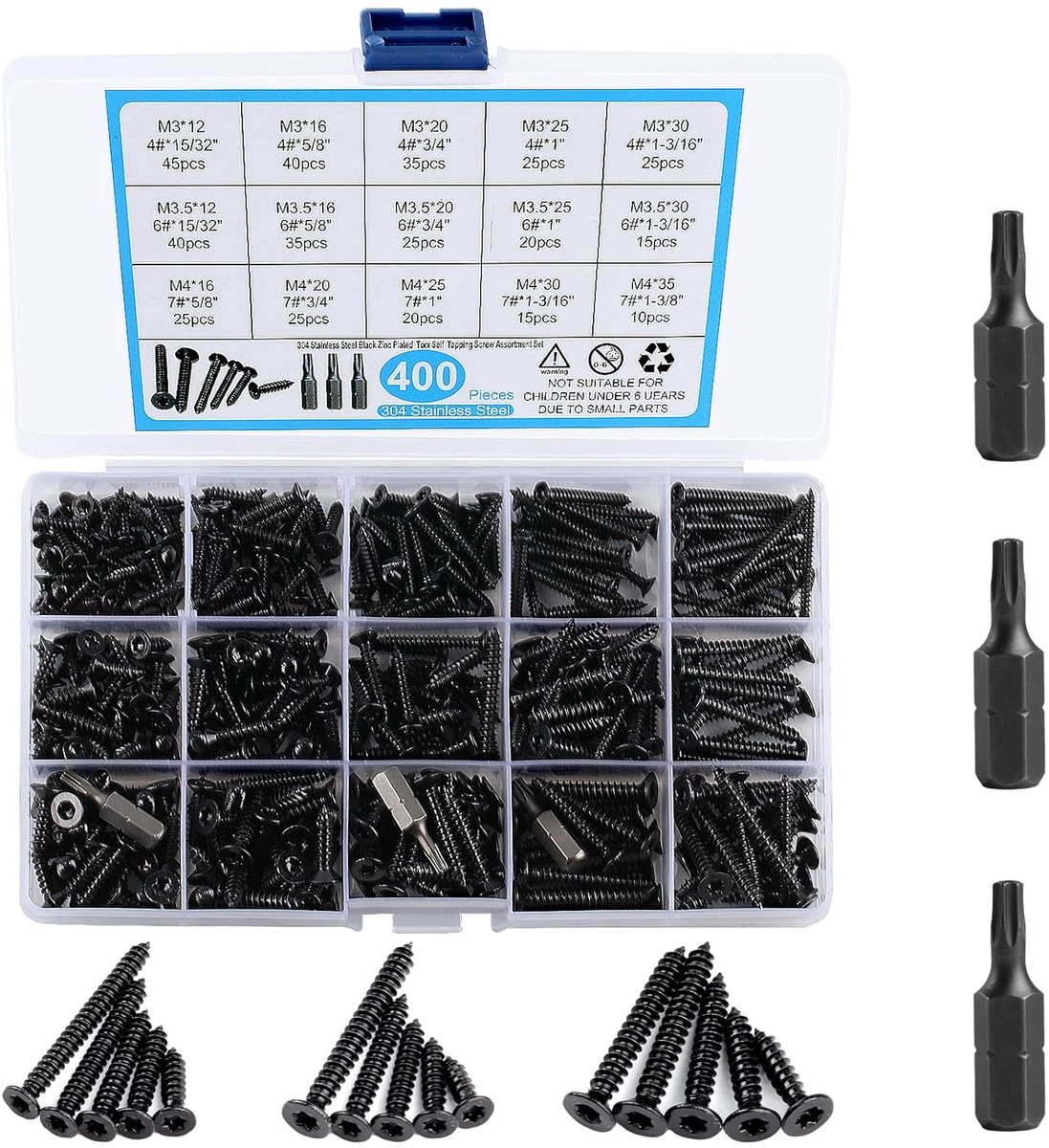 SnelShoppen - 400pcs Zelfborende Schroeven Set, RVS Verzinkte Torx Schroeven, Houtschroeven voor Droogwand met Boor-M3/M3.5/M4, 12mm/16mm/20mm/25mm/30