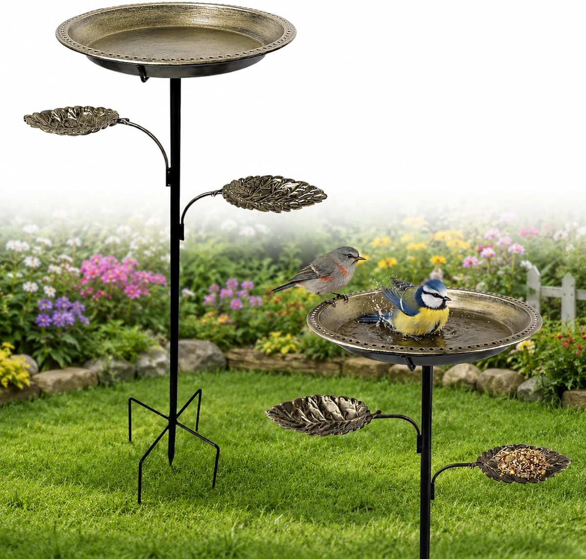 SnelShoppen - Metal Bird Bath voor Tuin, 2-in-1 Vogelbad en Voederdispenser, Vintage Ontwerp, Robuuste Constructie, Bronzen Tuindecoratie met Grondpen