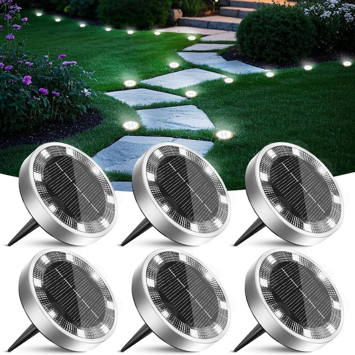 6-delige Buiten Solar Lamp Set met 8 LED's - Waterdichte Tuinverlichting voor Pad, Oprit en Terras
