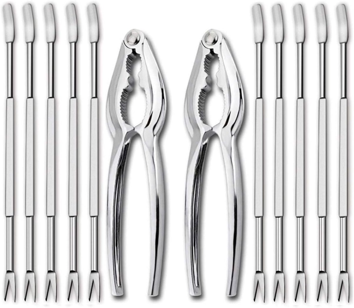 SnelShoppen - 12-delige Zeevruchten Gereedschap Set - 2 Kreeft- en Krabbenhaken + 10 Roestvrijstalen Vorken - Ergonomisch Ontwerp voor Thuis, Restaura