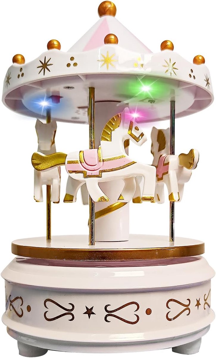 SnelShoppen - Muziekdoos Draaimolen Wit - Klassieke Paarden Carousel met LED Verlichting - Speelt Beethoven's 'Für Elise' - Mechanisch, 18 cm Hoog, De