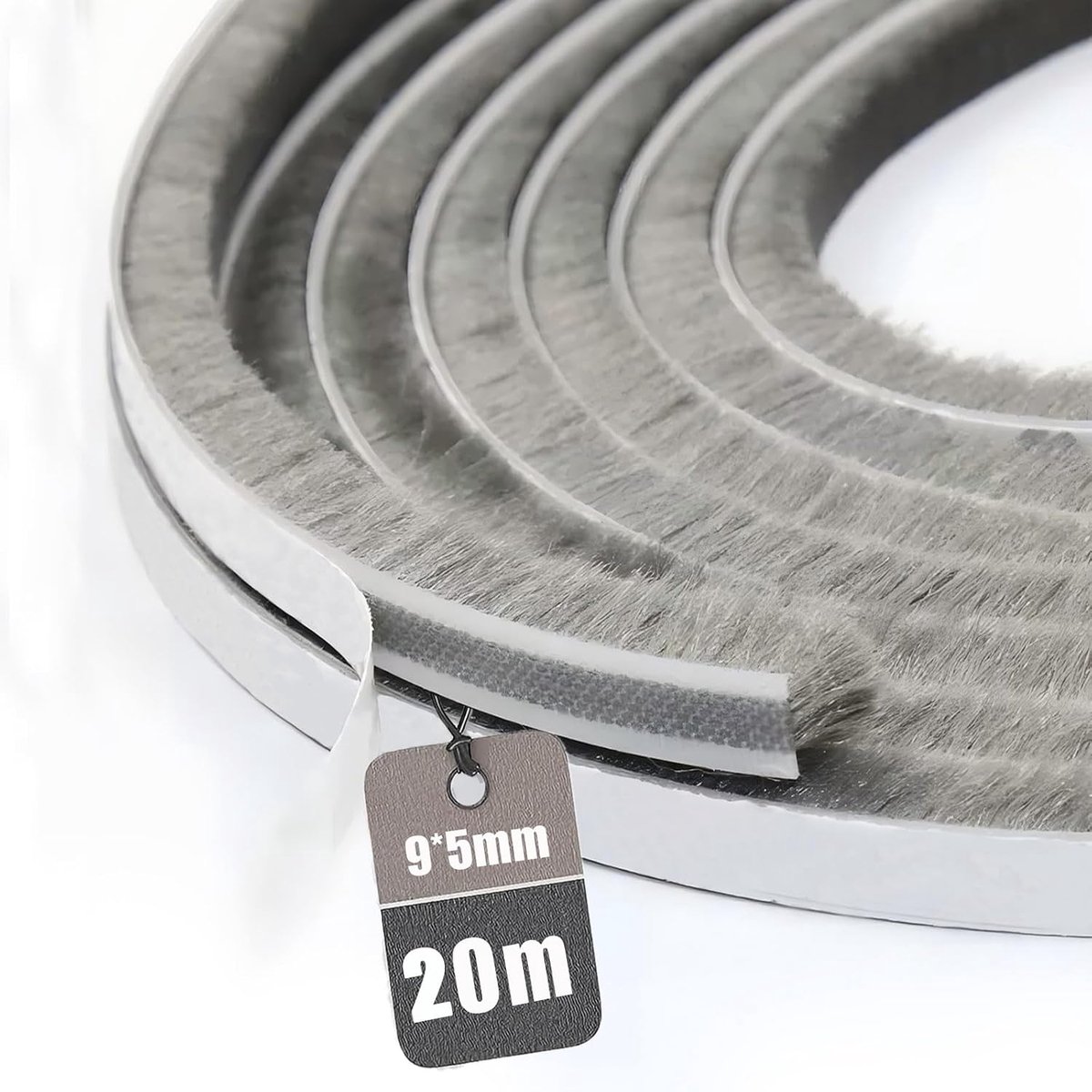 SnelShoppen - Adhesieve Borstelafdichting 20 m x 9 mm x 5 mm - Stofdicht, Winddicht, Geluiddempende Dichtstrip voor Deuren, Ramen, Kasten, Grijs