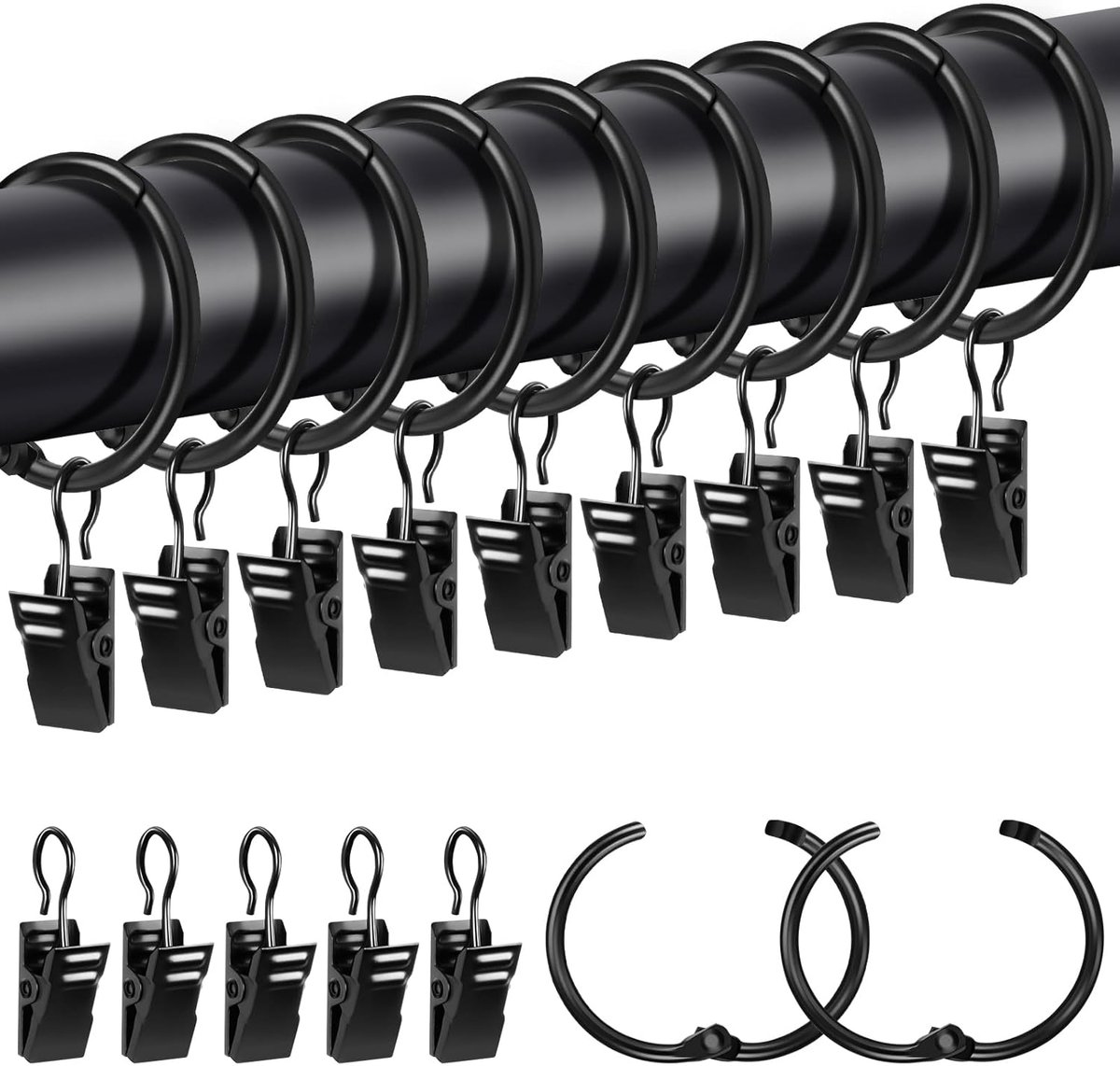 SnelShoppen - 20 Stuks Gordijnringen met Klemmen, Metalen Gordijnringen voor Ophangen, 32mm Binnenmaat, Zwarte Kleur, Perfect voor Gordijnen en Douche