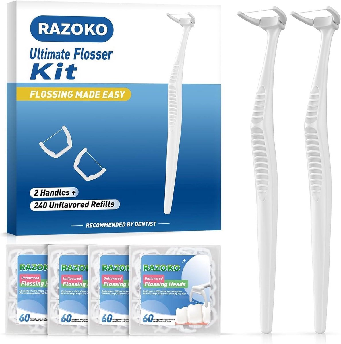 SnelShoppen - Ultimate Flosser Kit - Sterke Dental Floss Picks met 2 Handvatten en 240 Navullingen - Ergonomisch en Comfortabel voor Optimale Tandrein