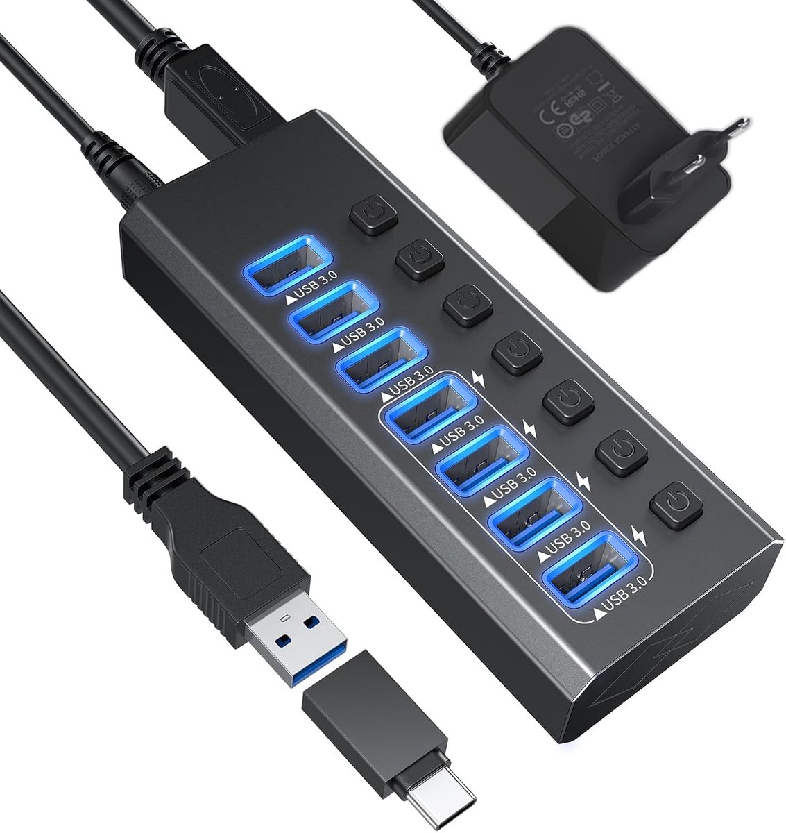 SnelShoppen - USB Hub Active 3.0, 7-Poorts USB Verdeler met 1 Slimme Oplaadpoort 5V/3A, Splitter met Individuele Schakelaars en 1.2m Kabel voor PC/Lap