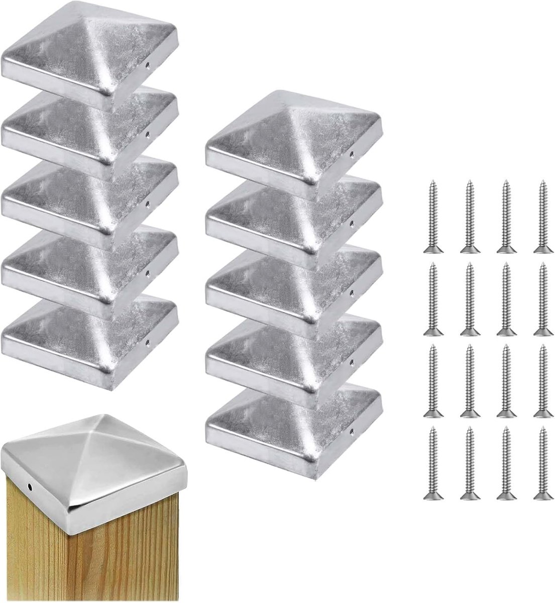 SnelShoppen - Set van 10 Piramide Paalkappen 9 cm x 9 cm, Metalen Post Covers, Piramidevorm, Paalkappen met Schroefgaten, Tuin, Hekwerk, Bescherming t