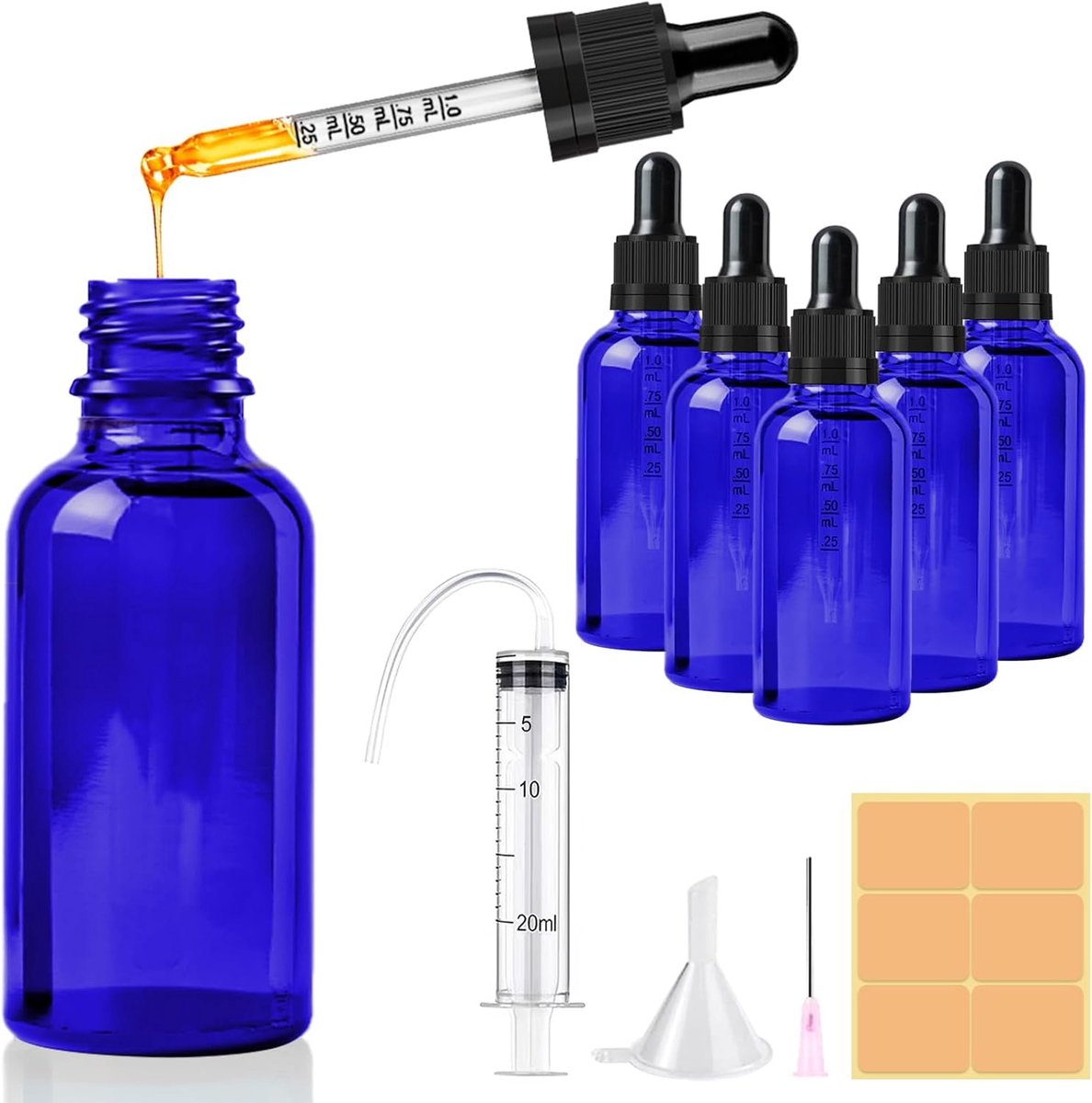 SnelShoppen - 5 Stuks 50ml Glazen Pipette Flesjes met Blauw Druppelstopper, Herbruikbare Glazen Flessen voor Essentiële Olie, Aromatherapie en Geuren
